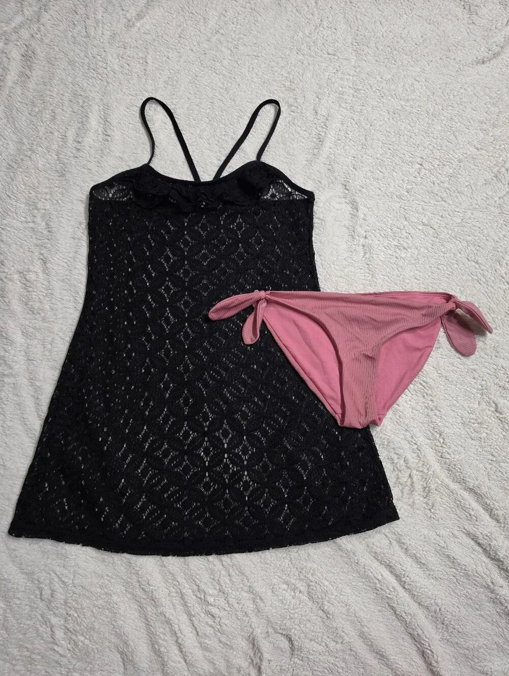 Lot Of 2 Swim Items Pink Ribbed Bikini Bottom Black Cover-up Junior's Size Small